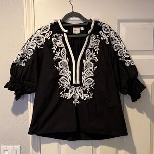 Anthropologie Maeve Black and White Embroidered Popover Blouse